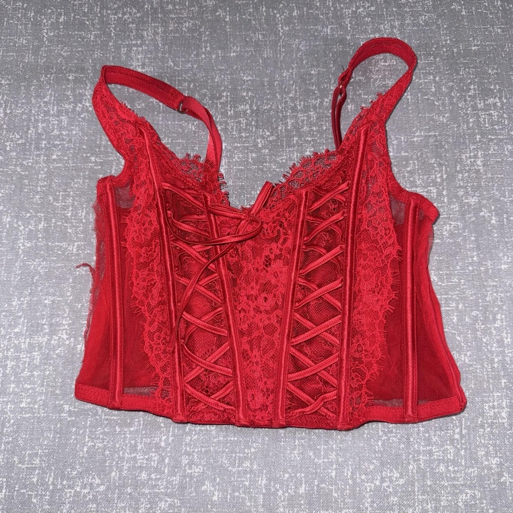 Victorias Secret Dream Angels Bustier Womens S-DD Red Lace Corset Boned Sheer